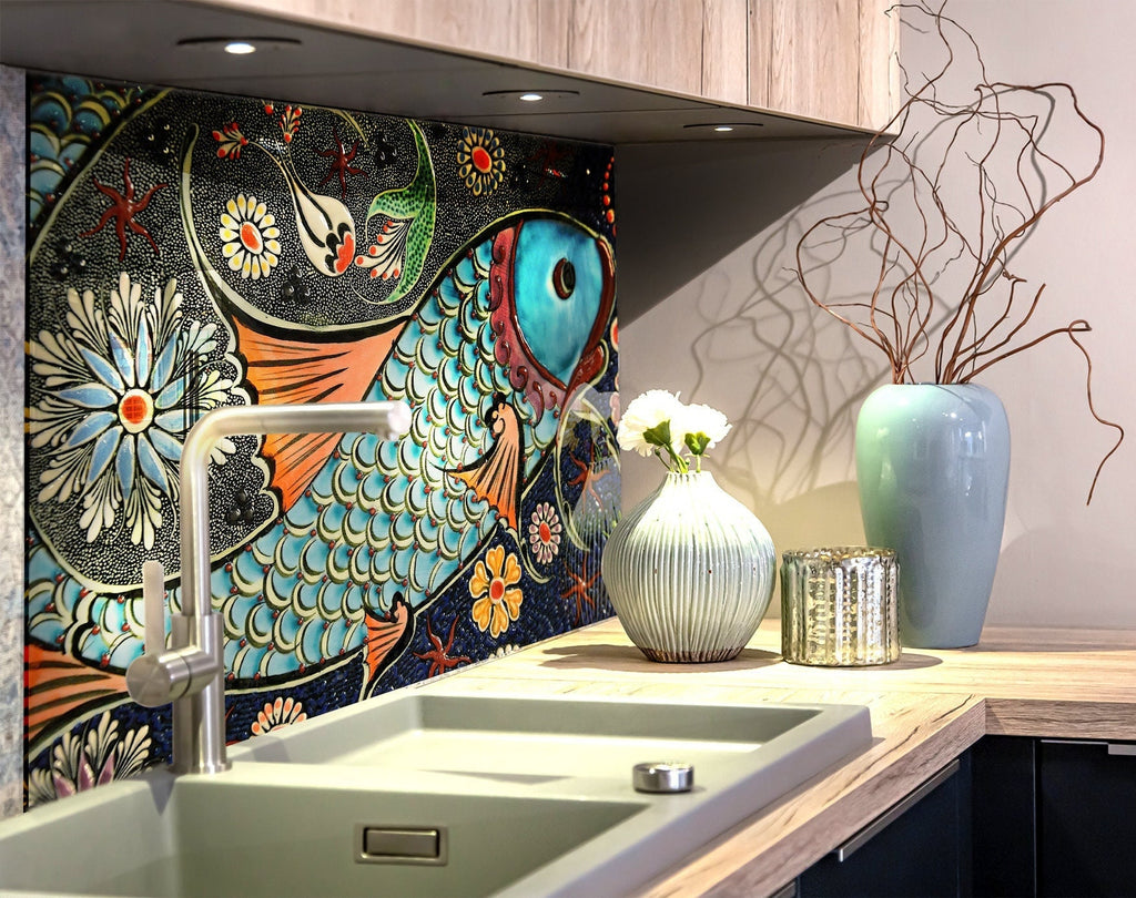 Mosaic Glass Kitchen Backsplash with Colorful Fish Design - Artistic and Vibrant-BacksplashArtworks