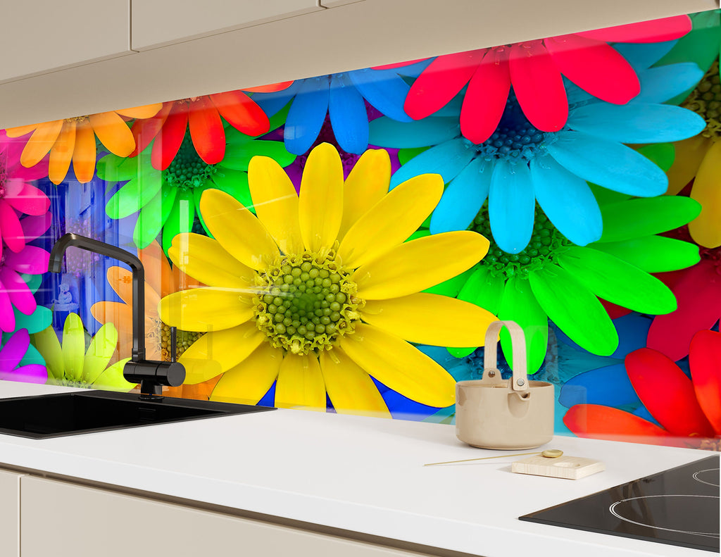 Colorful Flowers Tempered Glass Backsplash-BacksplashArtworks
