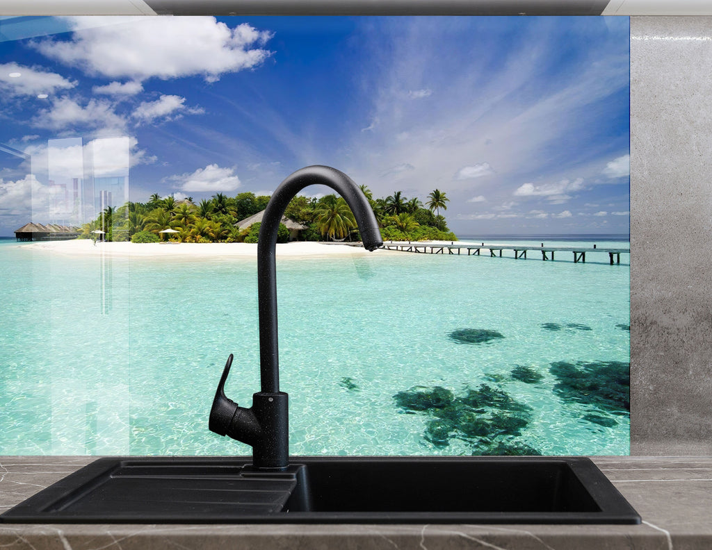 Tropical Island Beach View Wall Art – Kitchen Glass Backsplash-BacksplashArtworks