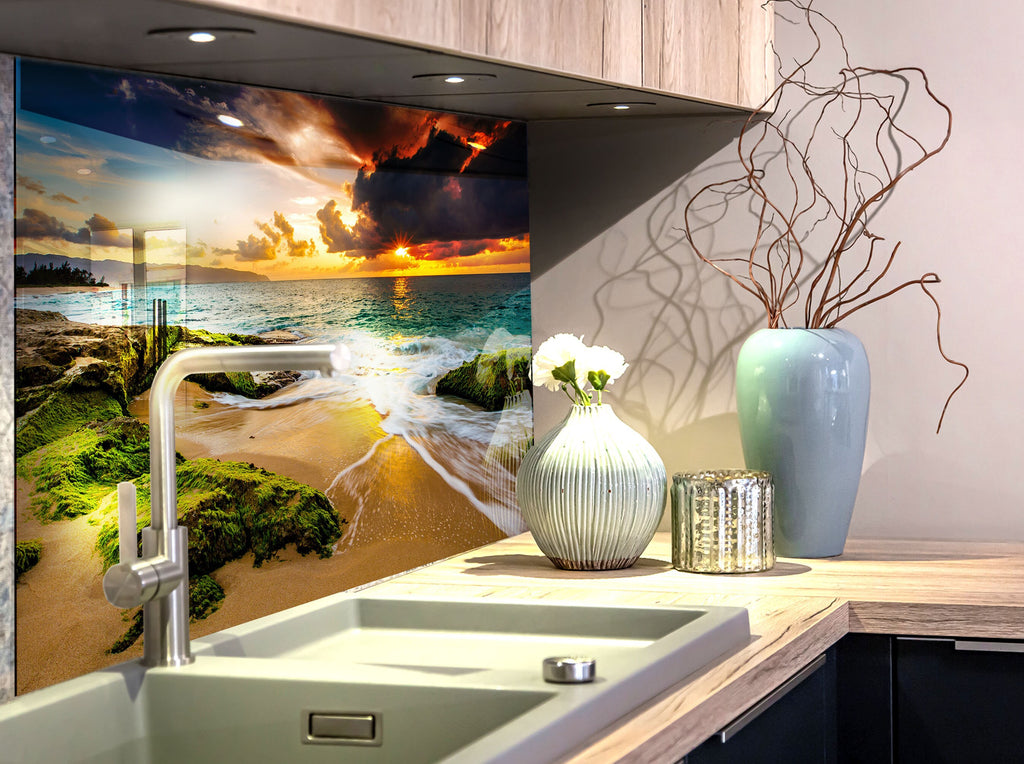 Golden Sunset Beach View Wall Art – Glass Backsplash-BacksplashArtworks