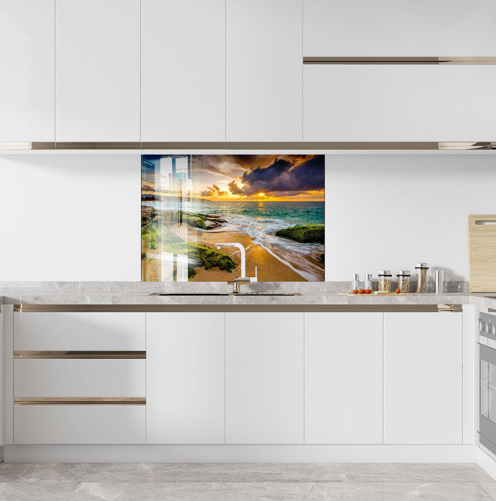 Golden Sunset Beach View Wall Art – Glass Backsplash-BacksplashArtworks