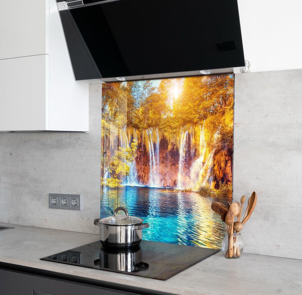 Golden Waterfall Paradise - Glass Kitchen Backsplash-BacksplashArtworks