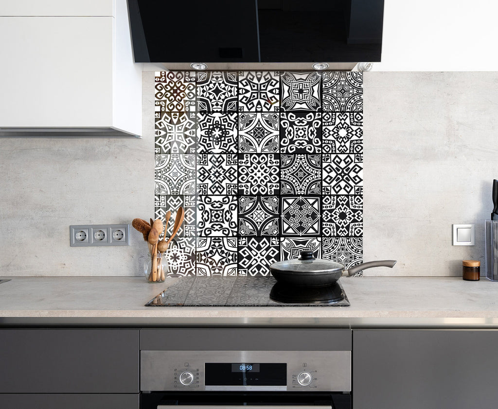 Vibrant Black and White Moroccan Tile Mosaic Glass Kitchen Backsplash-BacksplashArtworks