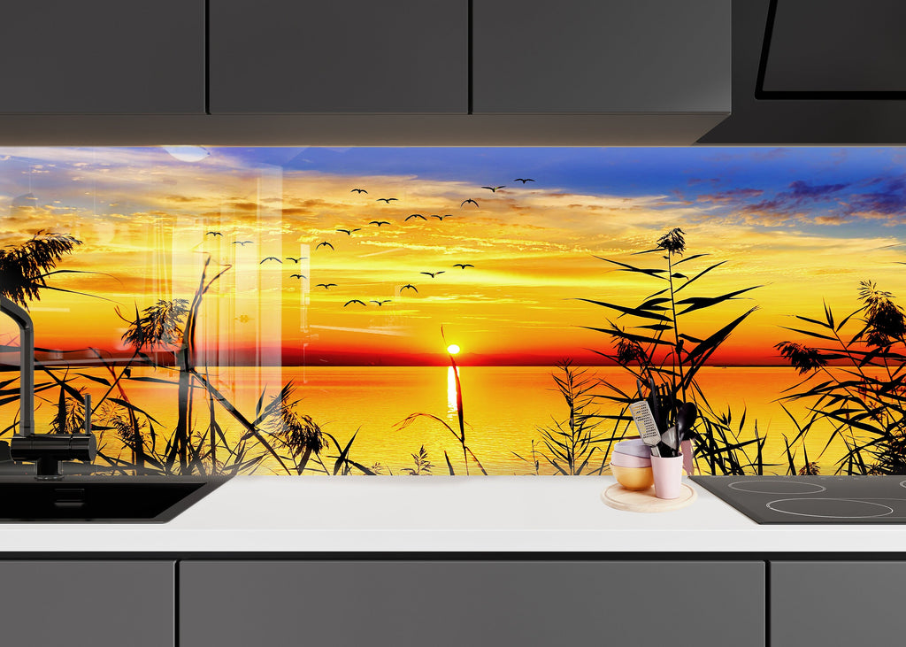 Golden Sunset Serenity – Glass Kitchen Backsplash-BacksplashArtworks
