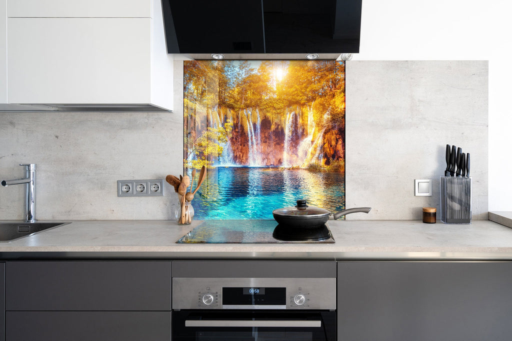 Golden Waterfall Paradise - Glass Kitchen Backsplash-BacksplashArtworks