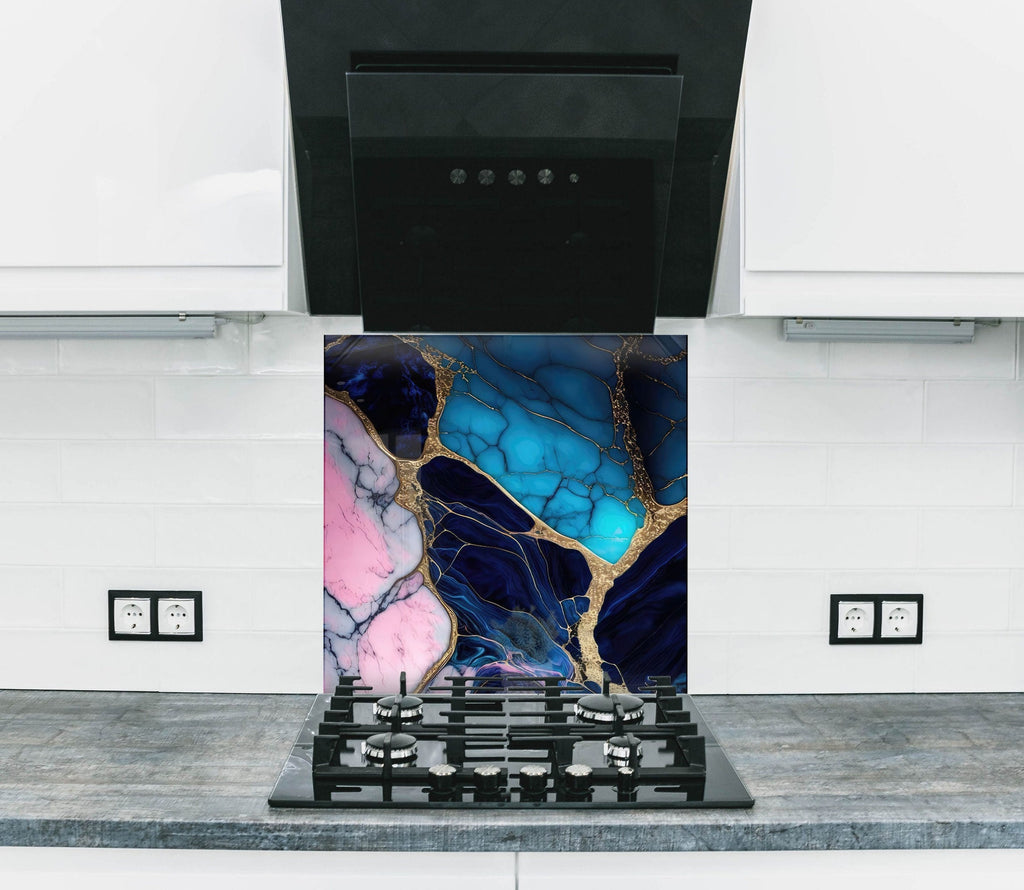Blue & Pink Marble with Gold Veins - Glass Kitchen Backsplash-BacksplashArtworks