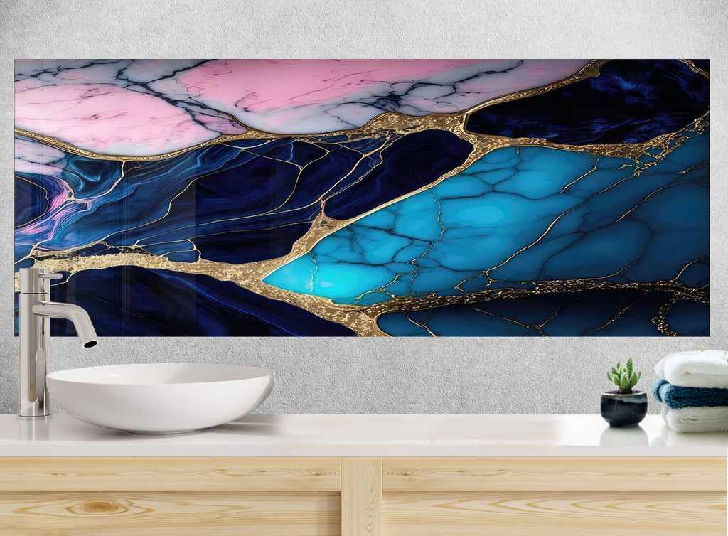 Blue & Pink Marble with Gold Veins - Glass Kitchen Backsplash-BacksplashArtworks