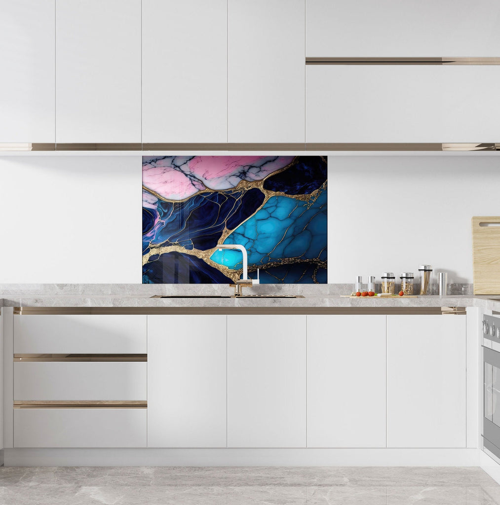 Blue & Pink Marble with Gold Veins - Glass Kitchen Backsplash-BacksplashArtworks