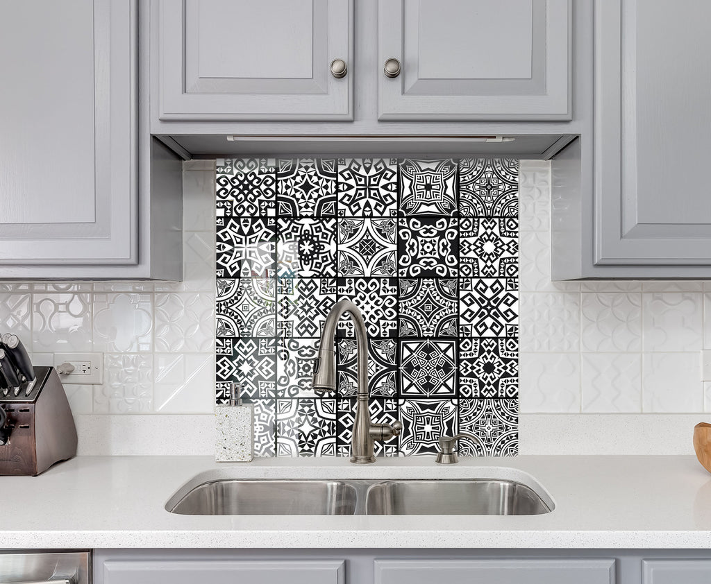 Vibrant Black and White Moroccan Tile Mosaic Glass Kitchen Backsplash-BacksplashArtworks