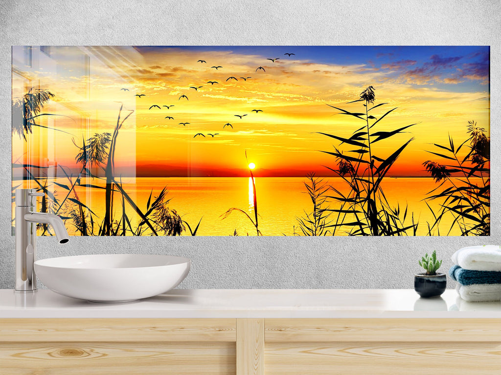 Golden Sunset Serenity – Glass Kitchen Backsplash-BacksplashArtworks