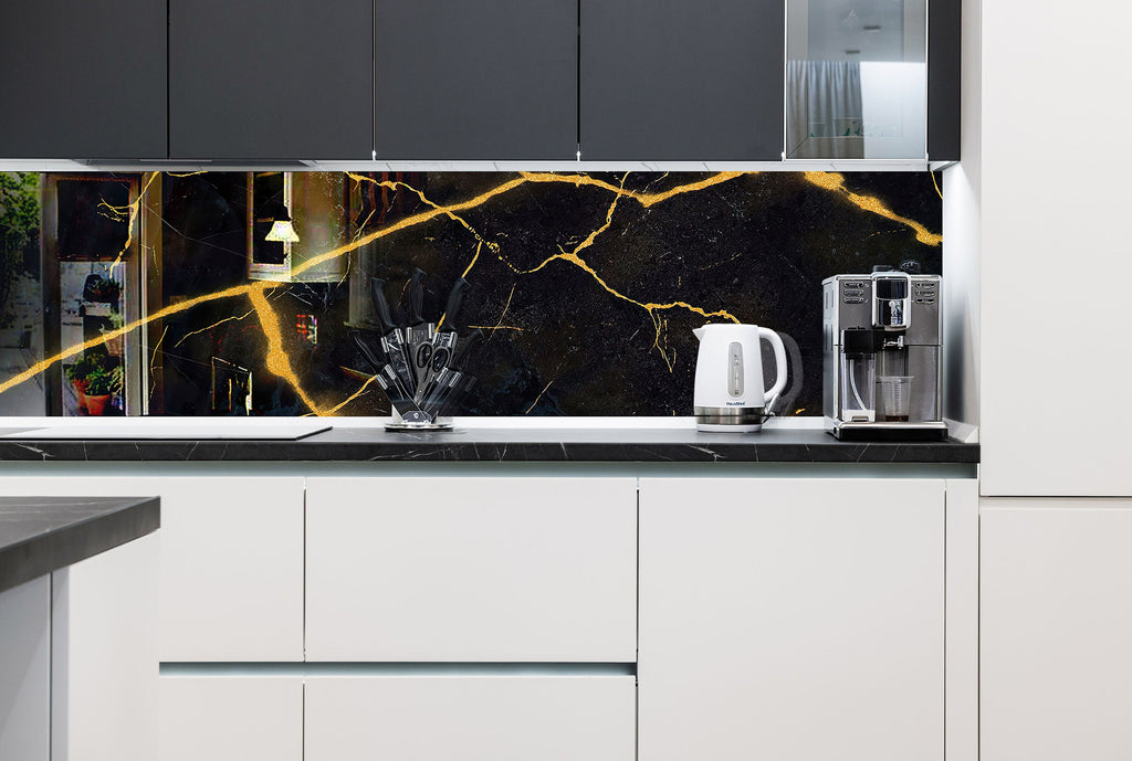 Golden Veins on Black Marble - Glass Bathroom Backsplash-BacksplashArtworks
