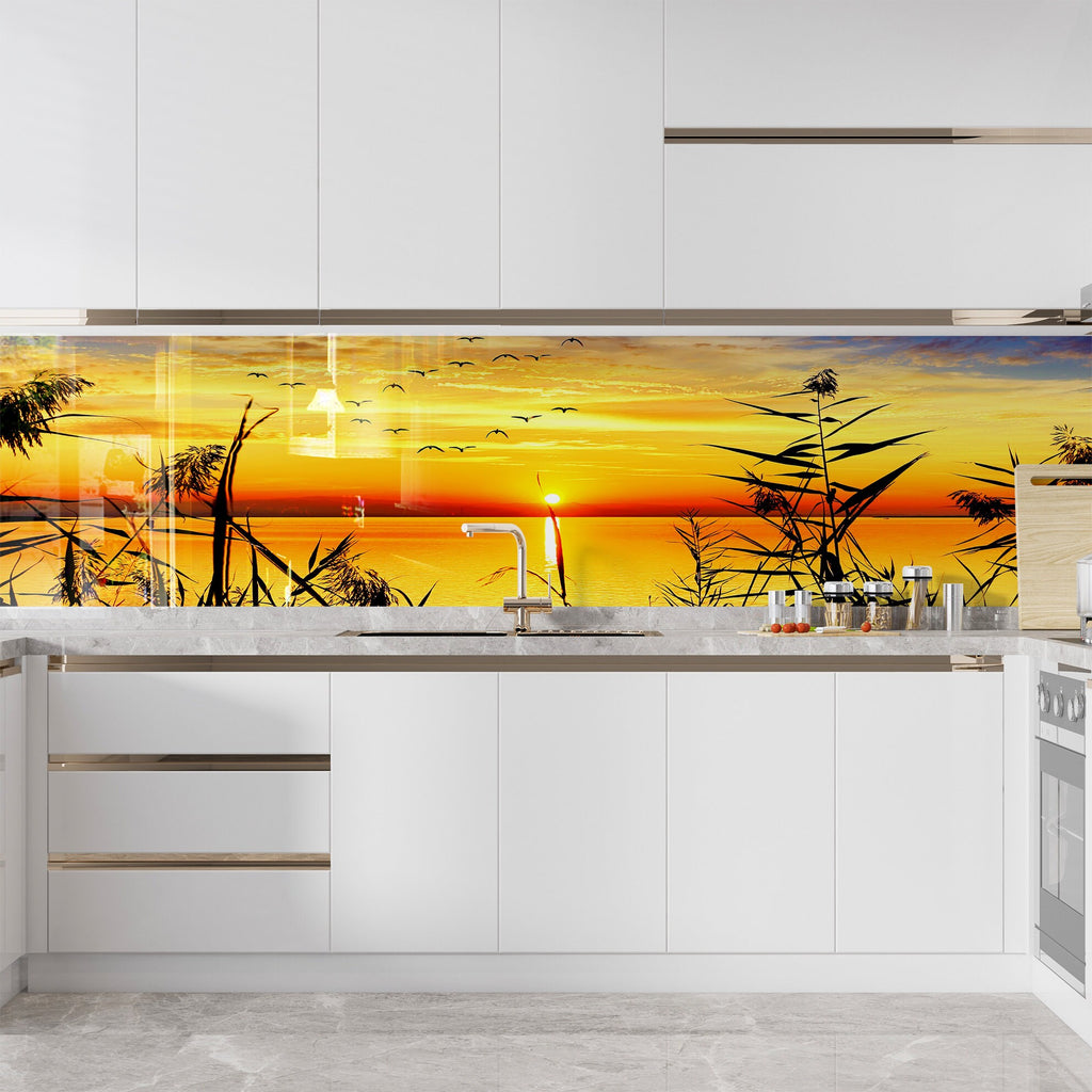 Golden Sunset Serenity – Glass Kitchen Backsplash-BacksplashArtworks