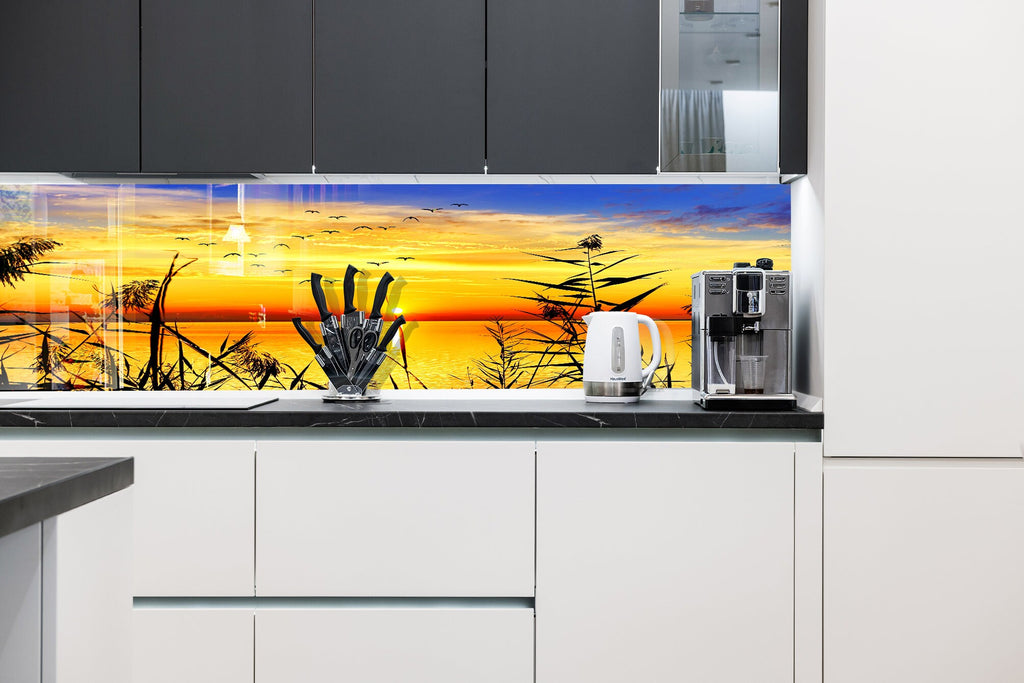 Golden Sunset Serenity – Glass Kitchen Backsplash-BacksplashArtworks