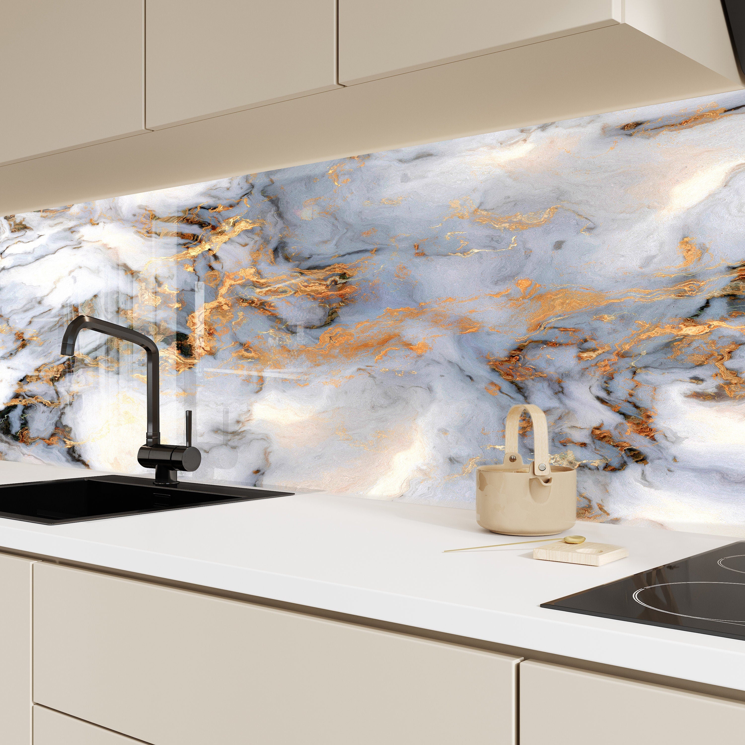 Gold White Marble Vein Glass Kitchen | Backsplash Artworks ...