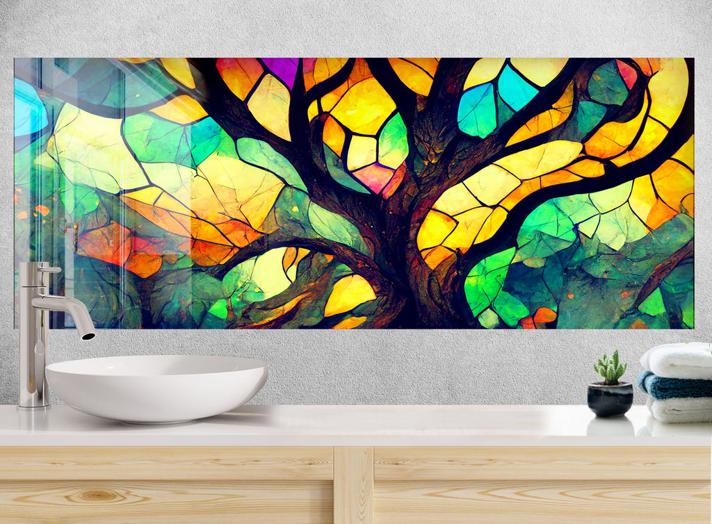 Vibrant Tree of Life Stained Wall Art - Glass Kitchen Backsplash-BacksplashArtworks