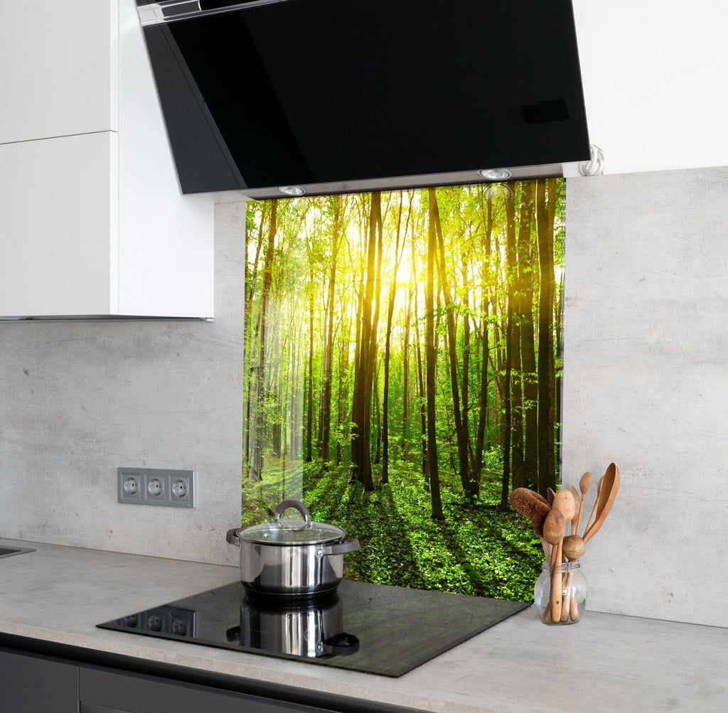 Sunlit Forest Path - Glass Kitchen Backsplash-BacksplashArtworks