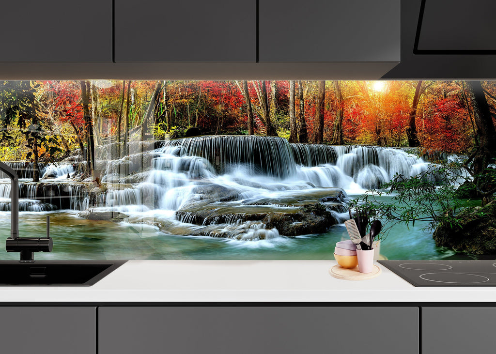 Majestic Waterfall in Autumn – Glass Kitchen Backsplash-BacksplashArtworks
