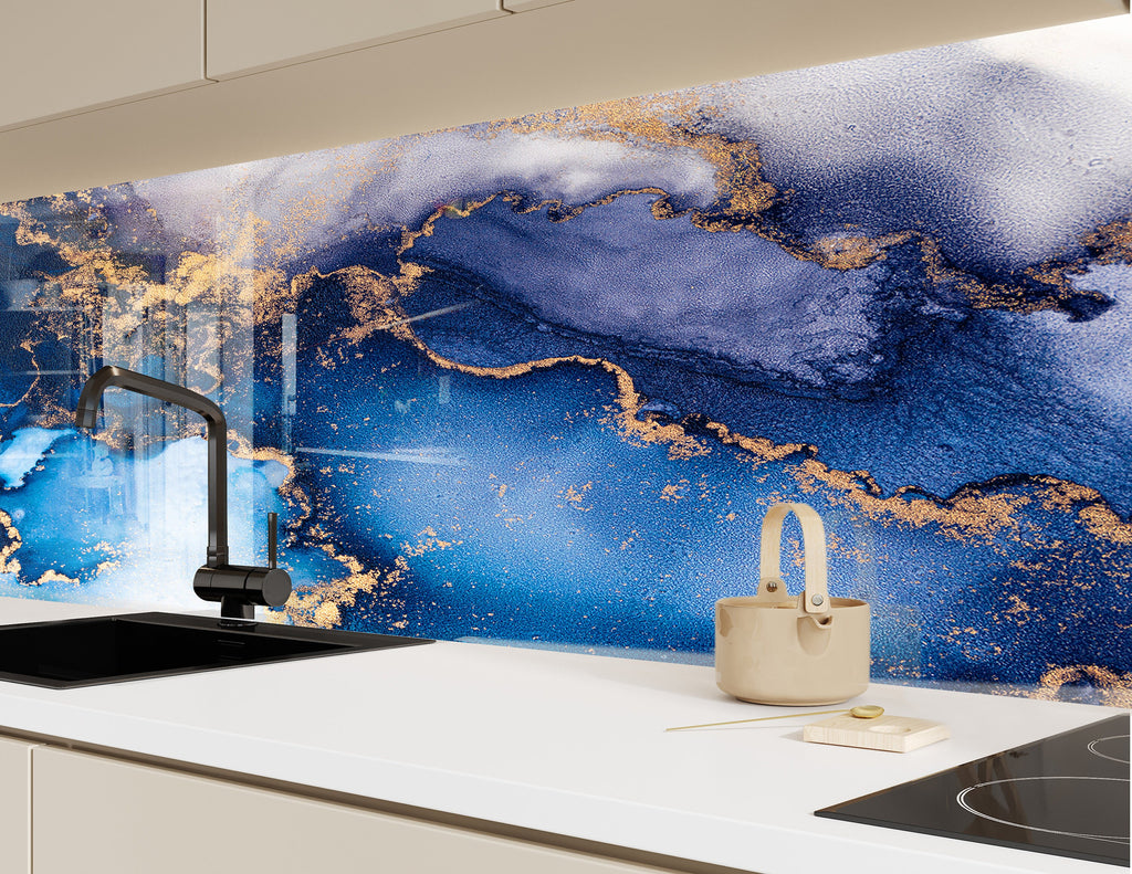 Blue & Gold Ocean Flow - Glass Bathroom Backsplash-BacksplashArtworks