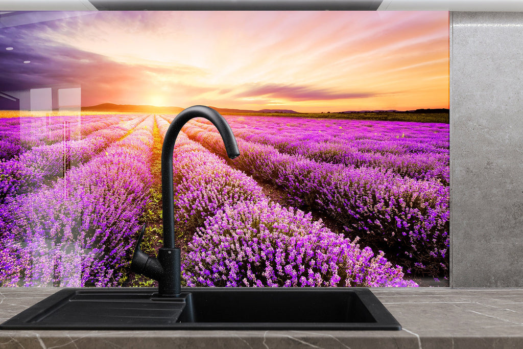Lavender Field Sunset – Glass Kitchen Backsplash-BacksplashArtworks