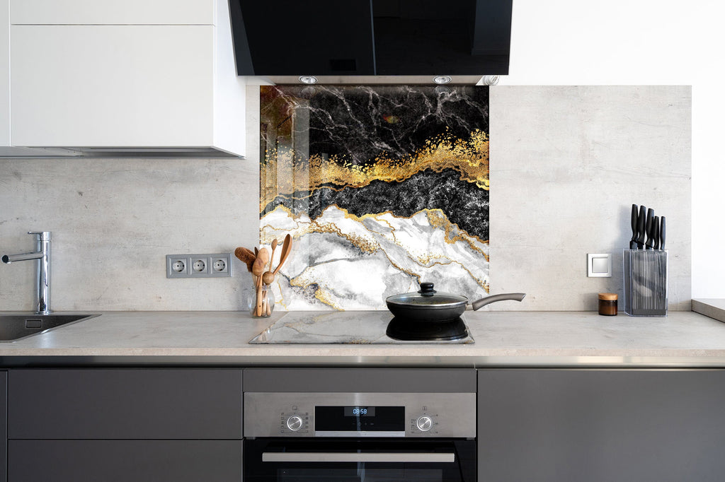Black & Gold Elegance - Glass Kitchen Backsplash-BacksplashArtworks