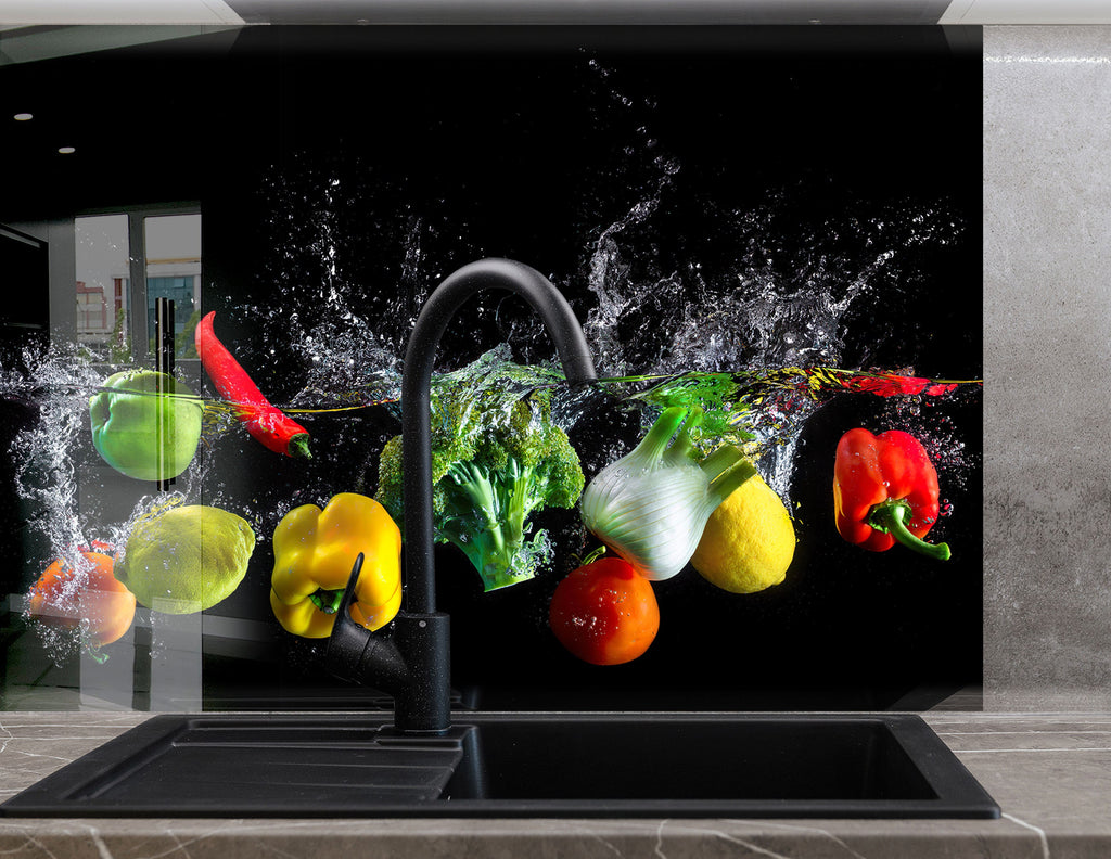 Fresh Veggie Splash Glass Kitchen Backsplash – Colorful Healthy Design-BacksplashArtworks