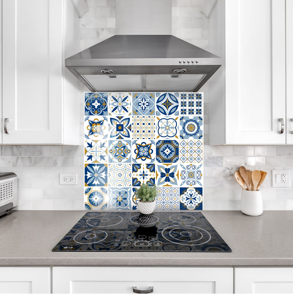 Mosaic Glass Kitchen Backsplash with Traditional Blue and White Tile Design-BacksplashArtworks