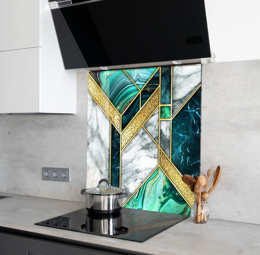 Luxury Emerald & Gold - Glass Kitchen Backsplash-BacksplashArtworks