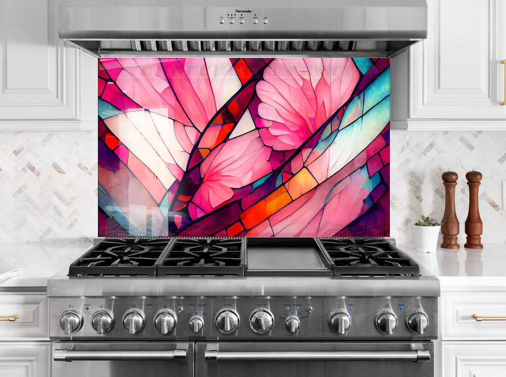 Pink Floral Stained - Glass Kitchen Backsplash-BacksplashArtworks