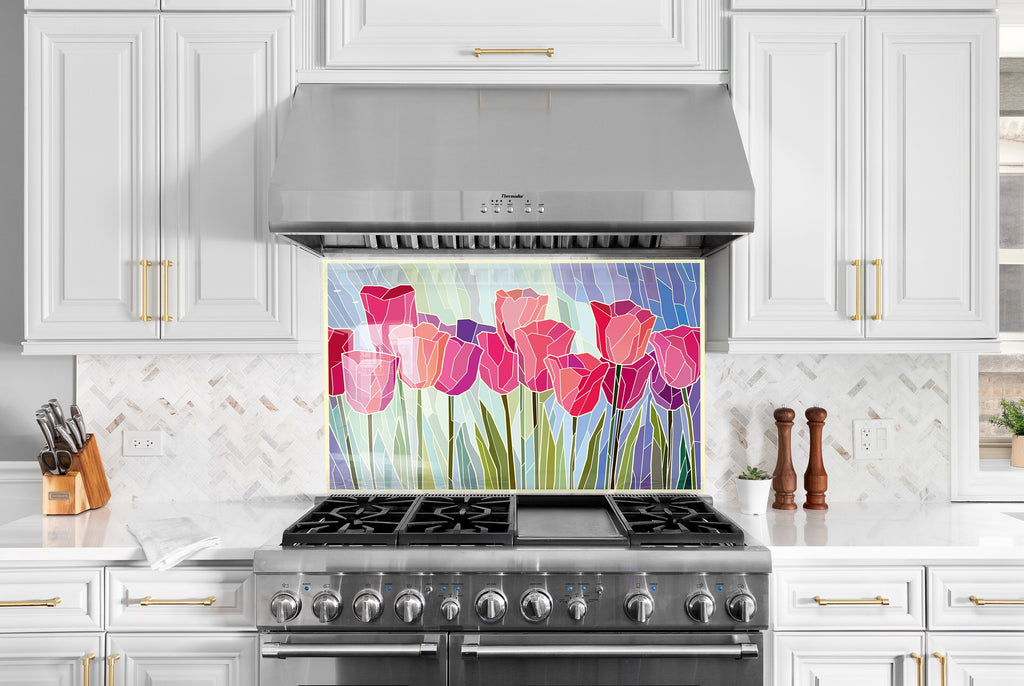 Floral Pink Tulip Stained - Glass Kitchen Backsplash-BacksplashArtworks