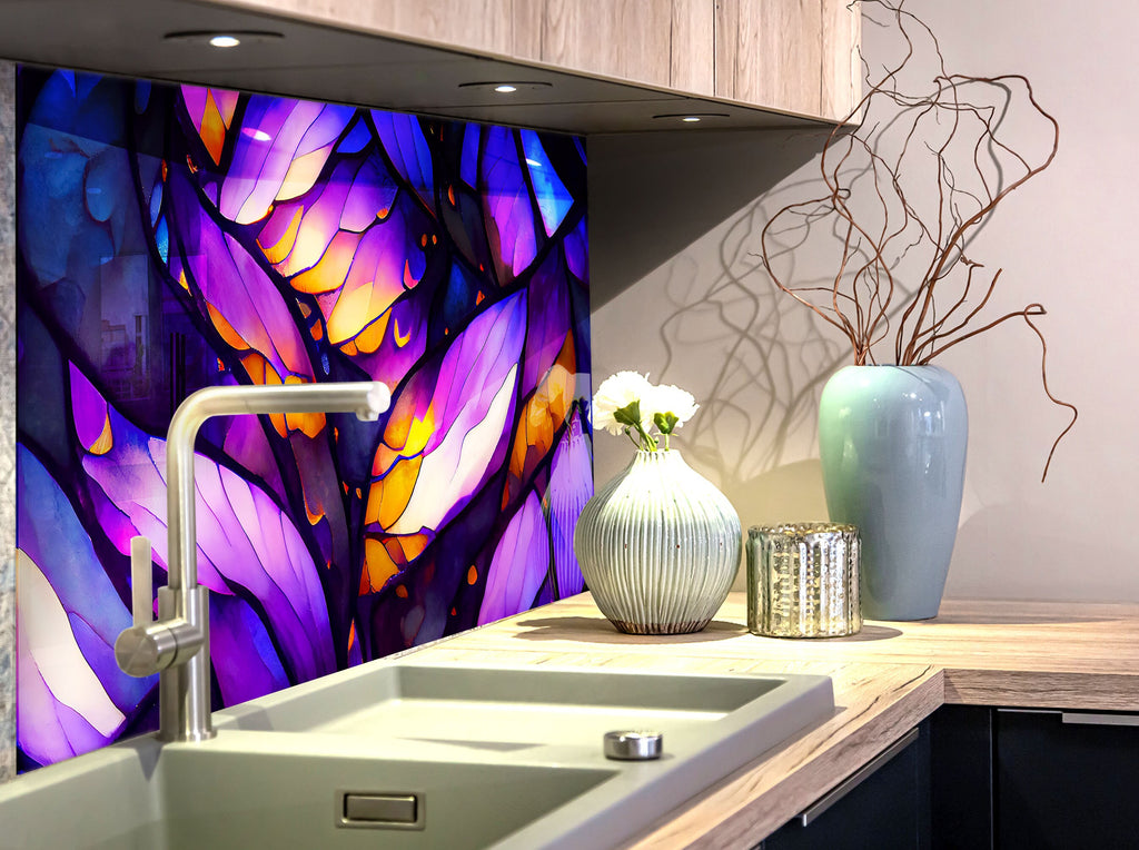 Purple & Gold Stained - Glass Kitchen Backsplash-BacksplashArtworks