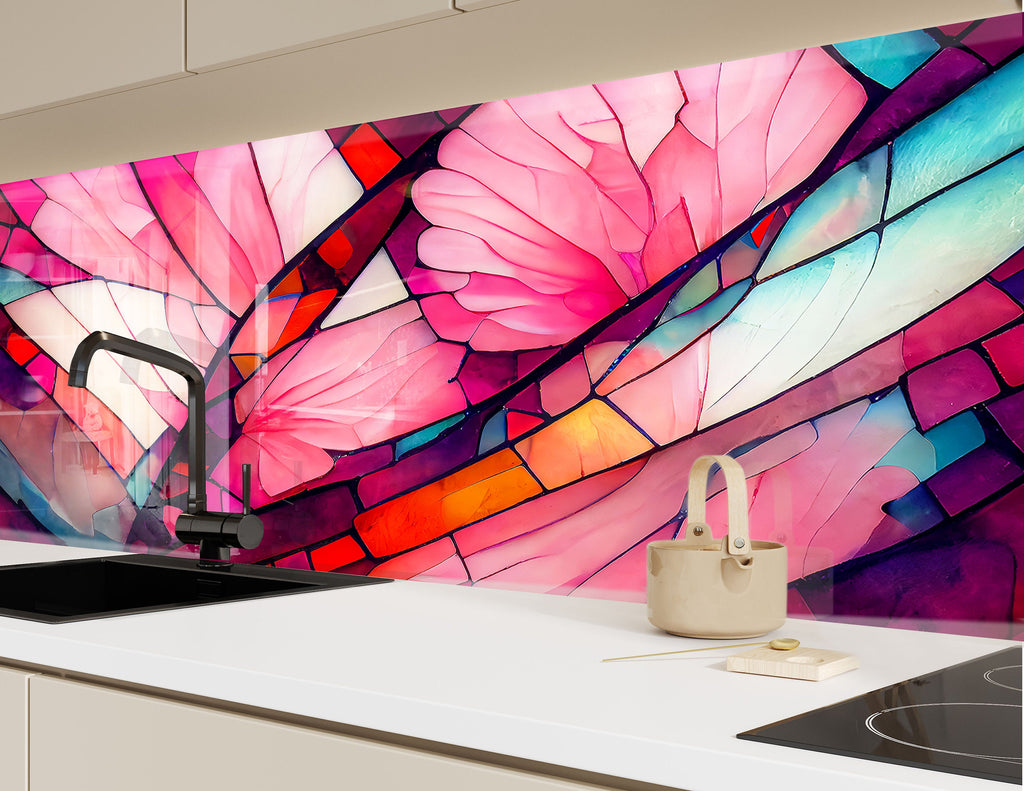Pink Floral Stained - Glass Kitchen Backsplash-BacksplashArtworks