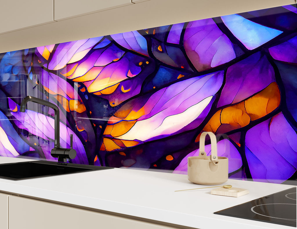 Purple & Gold Stained - Glass Kitchen Backsplash-BacksplashArtworks