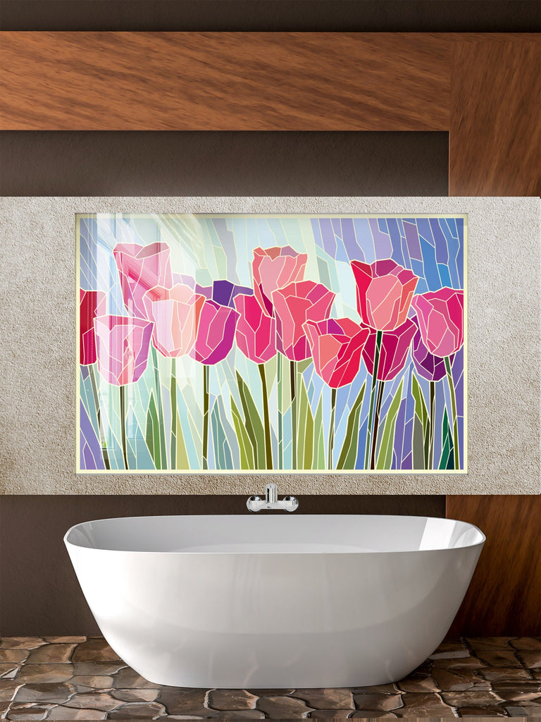 Floral Pink Tulip Stained - Glass Kitchen Backsplash-BacksplashArtworks