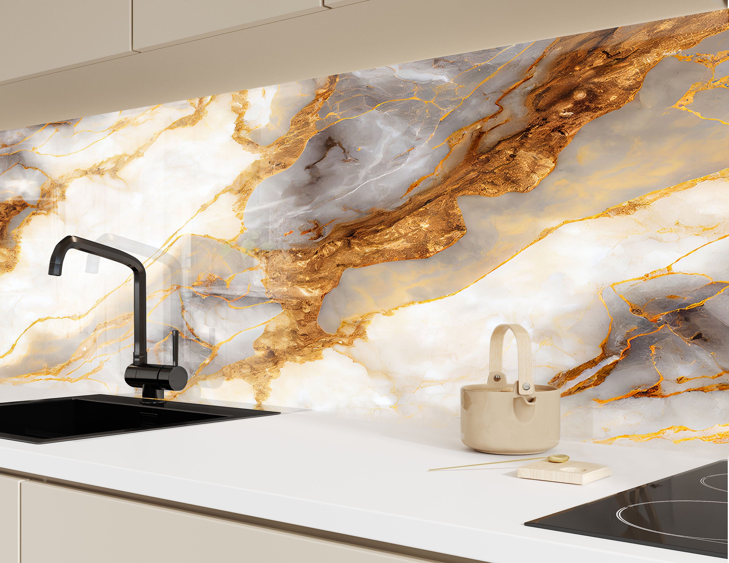 Luxe Gold Veins Glass Kitchen Backsplash | Backsplash Artworks ...