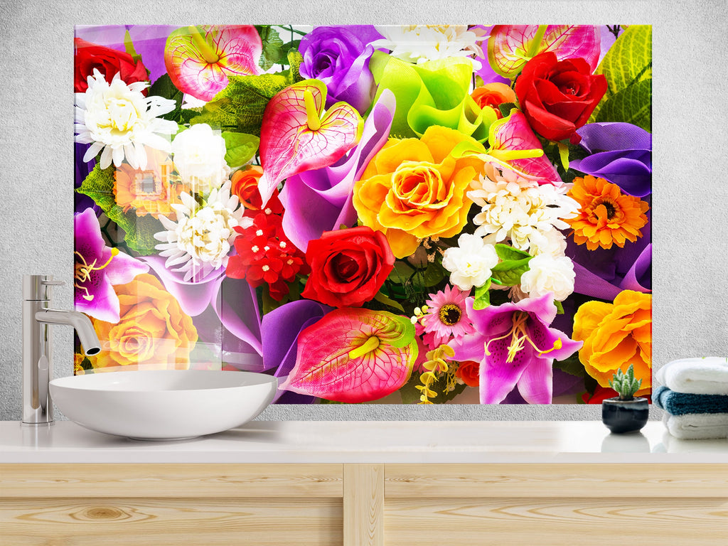 Colorful Flowers Tempered Glass Backsplash-BacksplashArtworks