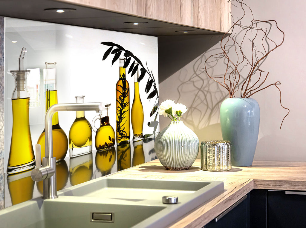 Olive Oil Glass Kitchen Backsplash – Elegant Olive Bottles Design-BacksplashArtworks