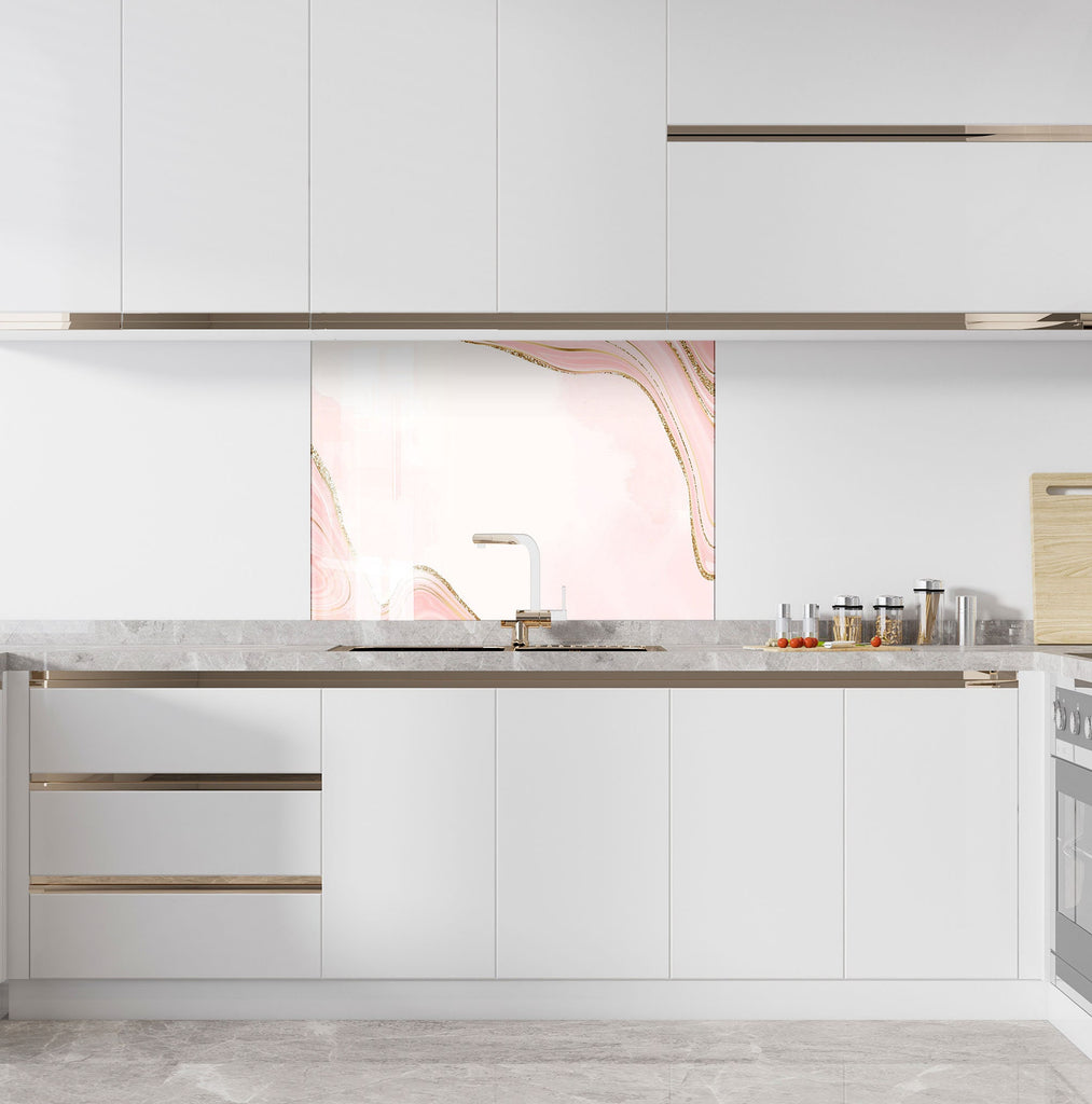 Soft Pink Marble with Gold Veins - Glass Kitchen Backsplash-BacksplashArtworks