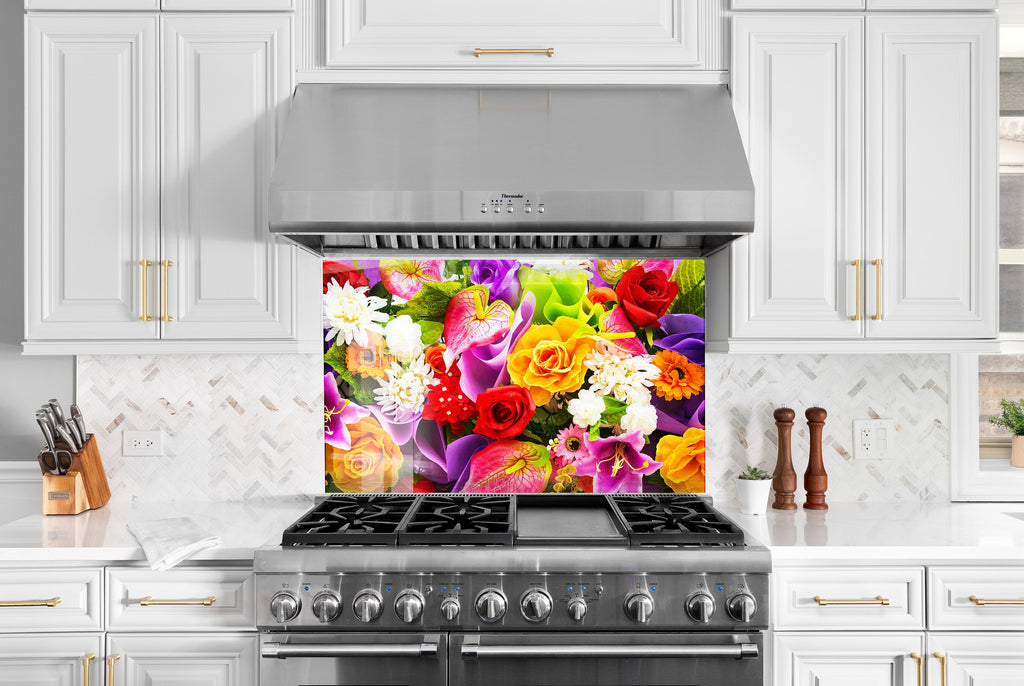 Colorful Flowers Tempered Glass Backsplash-BacksplashArtworks