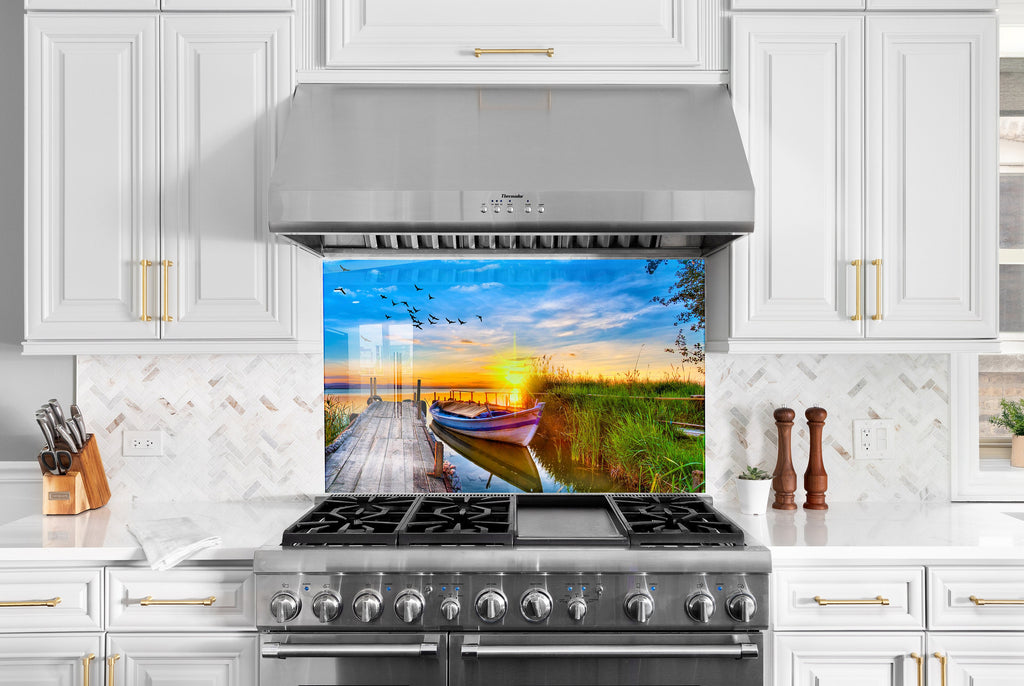 Sunset Lake Dock – Glass Kitchen Backsplash-BacksplashArtworks