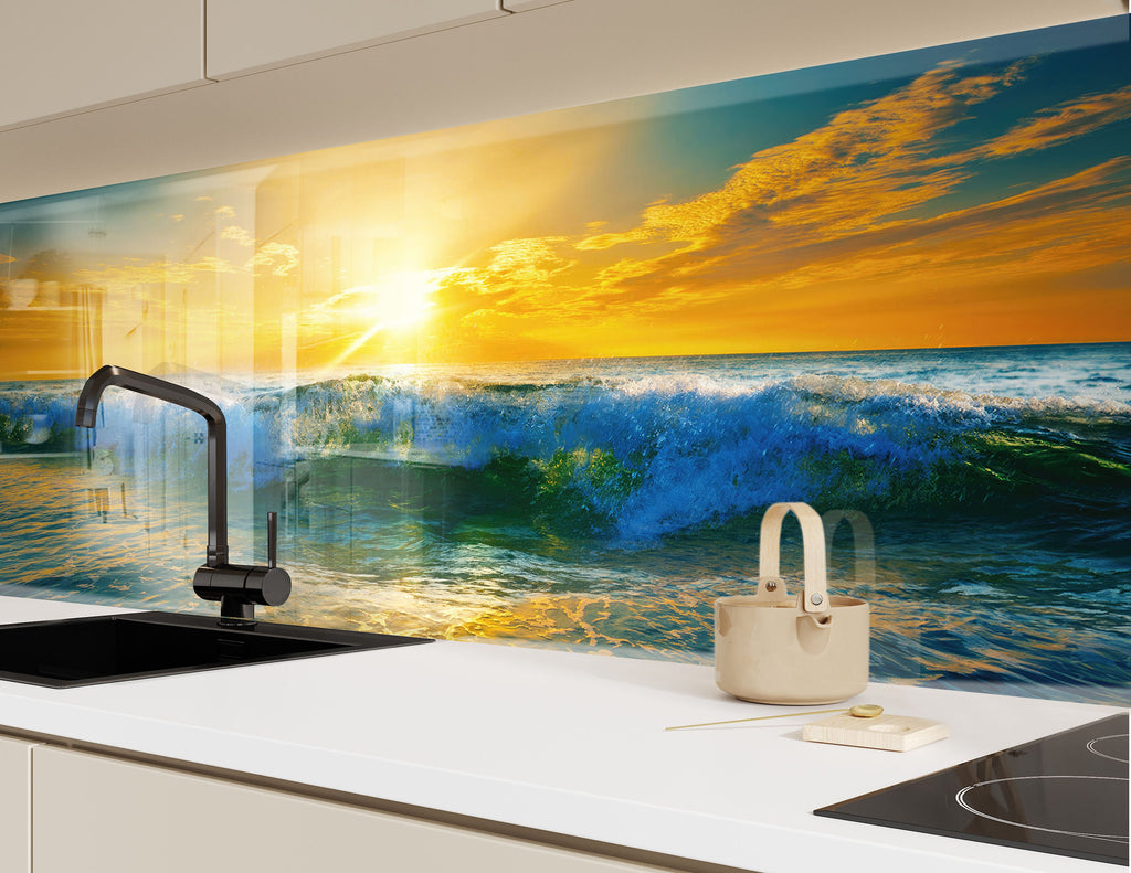 Golden Ocean Waves - Glass Kitchen Backsplash-BacksplashArtworks