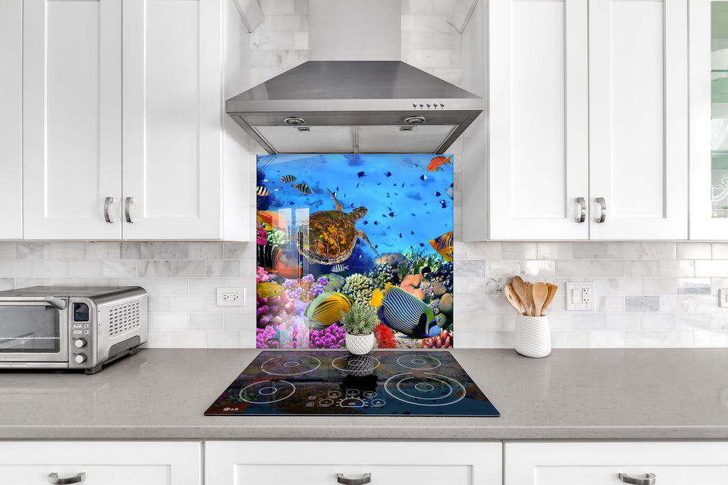 Vibrant Coral Reef Aquarium Glass Kitchen Backsplash – Turtle & Fish Design-BacksplashArtworks