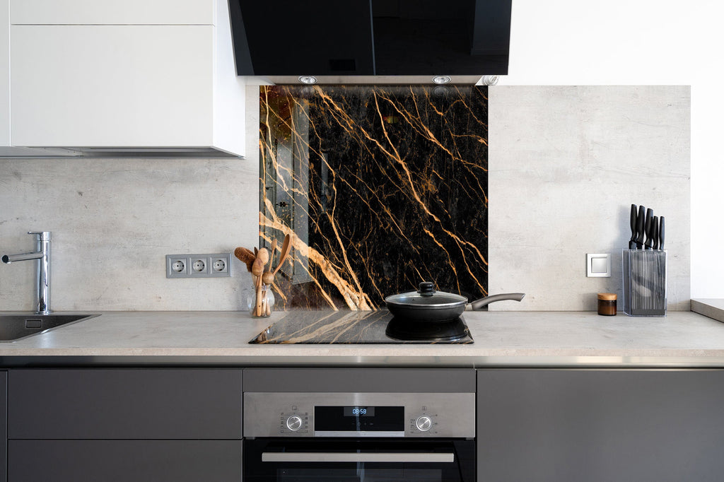 Black Marble with Gold Veins - Glass Kitchen Backsplash-BacksplashArtworks