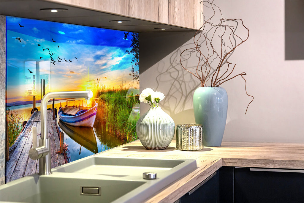 Sunset Lake Dock – Glass Kitchen Backsplash-BacksplashArtworks