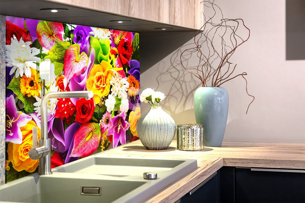 Colorful Flowers Tempered Glass Backsplash-BacksplashArtworks