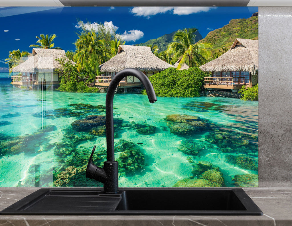 Tropical Overwater Bungalow Wall Art – Glass Backsplash-BacksplashArtworks
