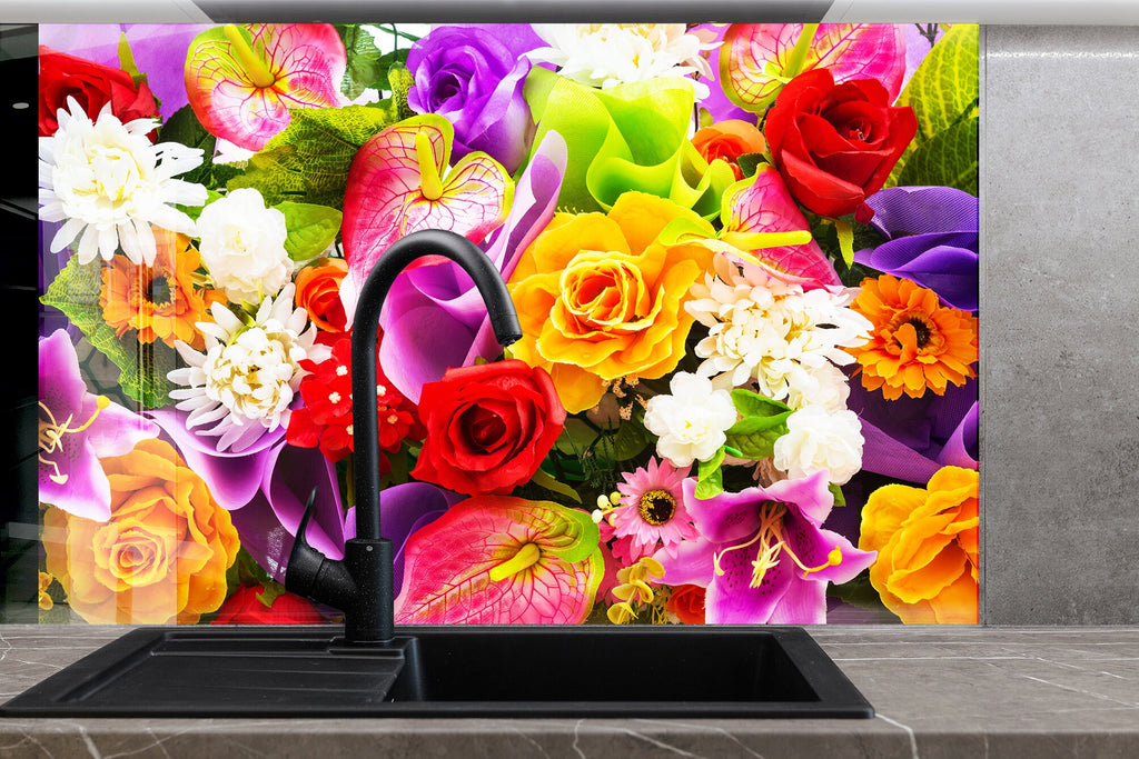 Colorful Flowers Tempered Glass Backsplash-BacksplashArtworks
