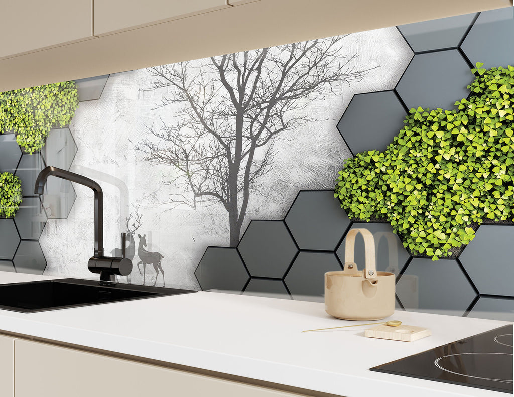 Hexagonal Greenery & Tree Art - Glass Kitchen Backsplash-BacksplashArtworks