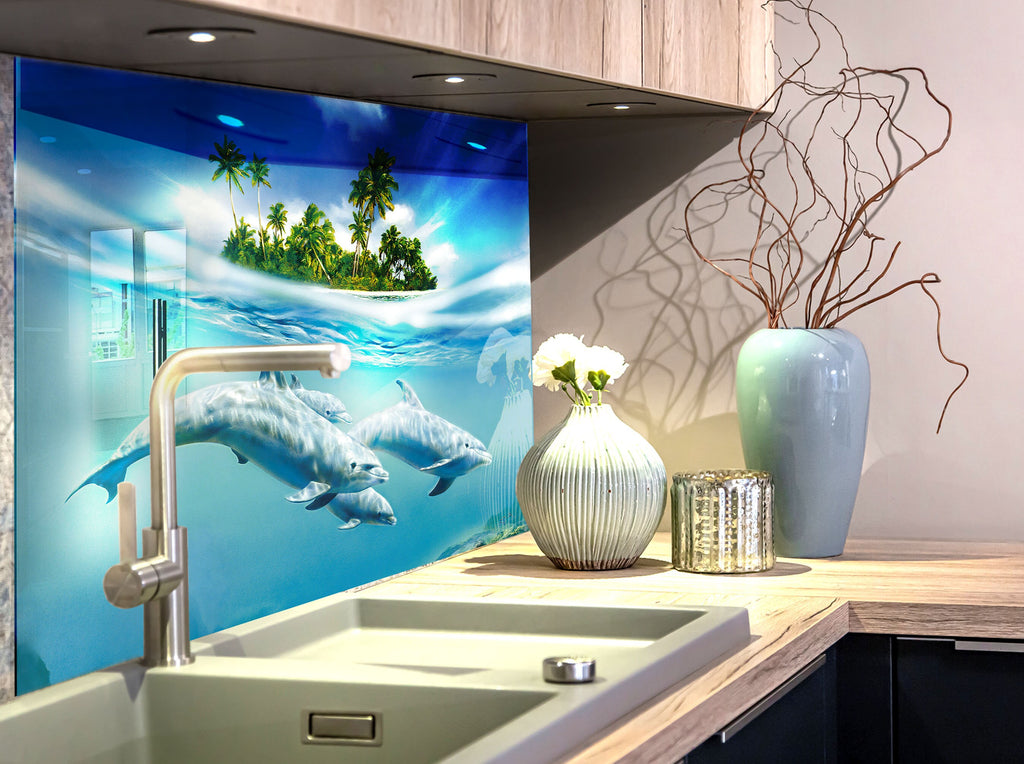 Tropical Dolphin Paradise – Glass Kitchen Backsplash-BacksplashArtworks