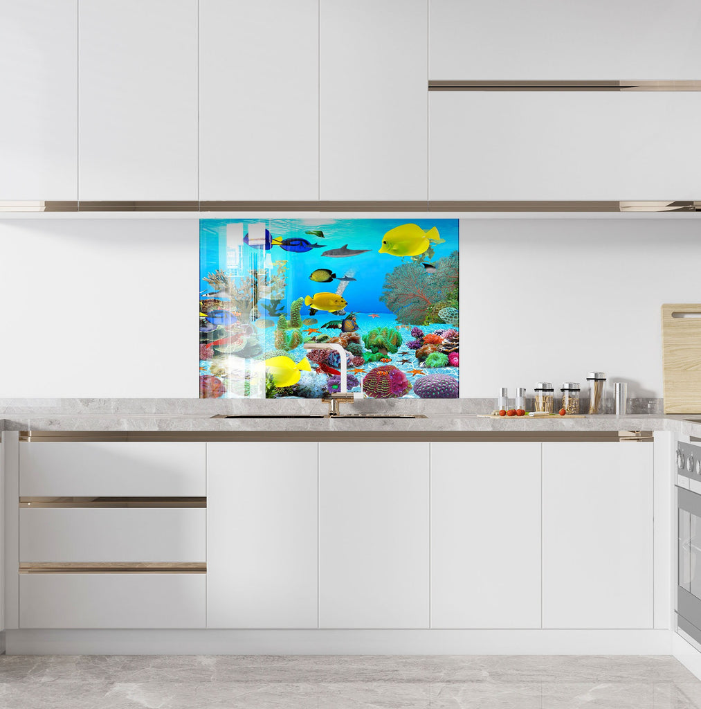 Vibrant Ocean Glass Kitchen Backsplash – Fish & Coral Reef Design-BacksplashArtworks