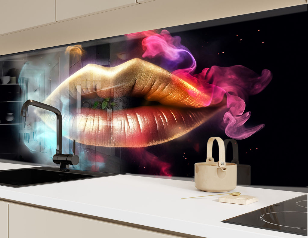 Golden Smoke Lips - Glass Kitchen Backsplash-BacksplashArtworks